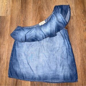 Cloth & Stone One Shoulder Ruffle Top XS Blue Tencel Lyocell Chambray Anthro
